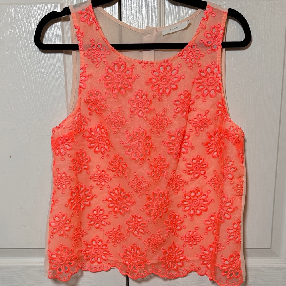 Sleeveless Embroidered Tank Top - Neon Coral. Size Large